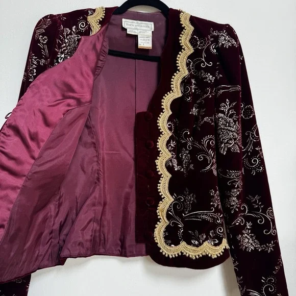 Vtg 80s J McClintock Blazer Burgundy Gold Velvet Victorian Regencycore Boho - Picture 4 of 16